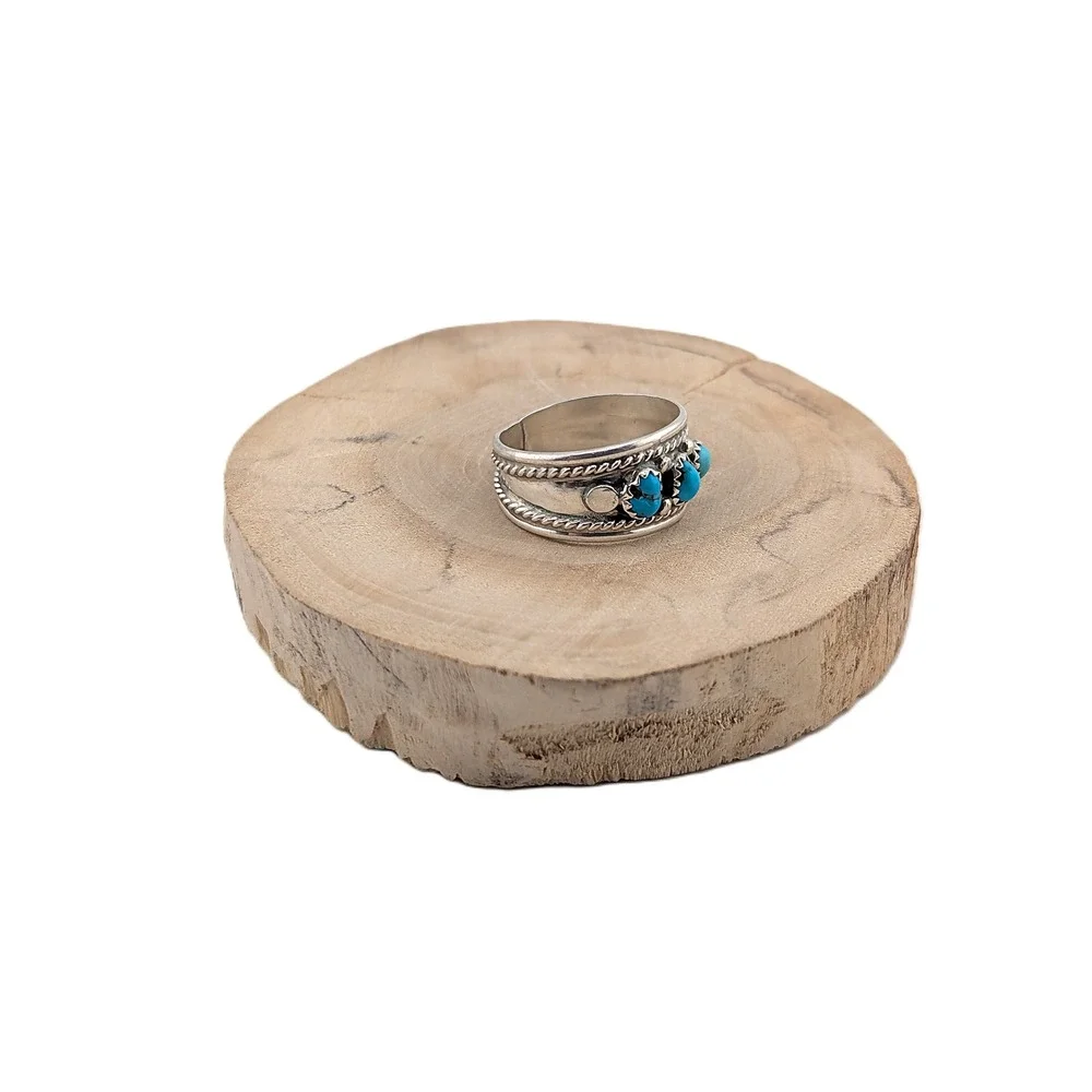 Native American 3-Stone Band Turquoise Ring Sterling Silver Jewelry Sz 10.25US**